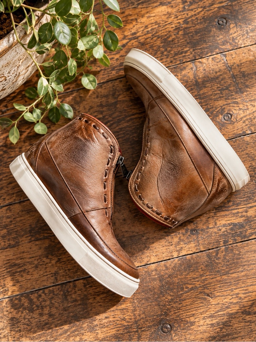 BED STU Joyce Tan Rustic Leather Distressed High Top Zip Sneakers 8.5